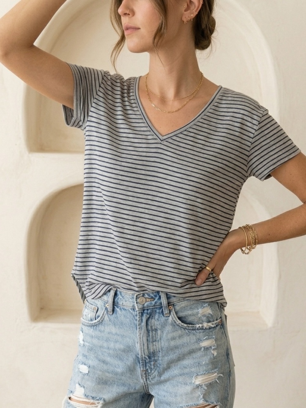 Elite Collection Striped V-Neck Tee Soft Gray Navy Striped V-Neck